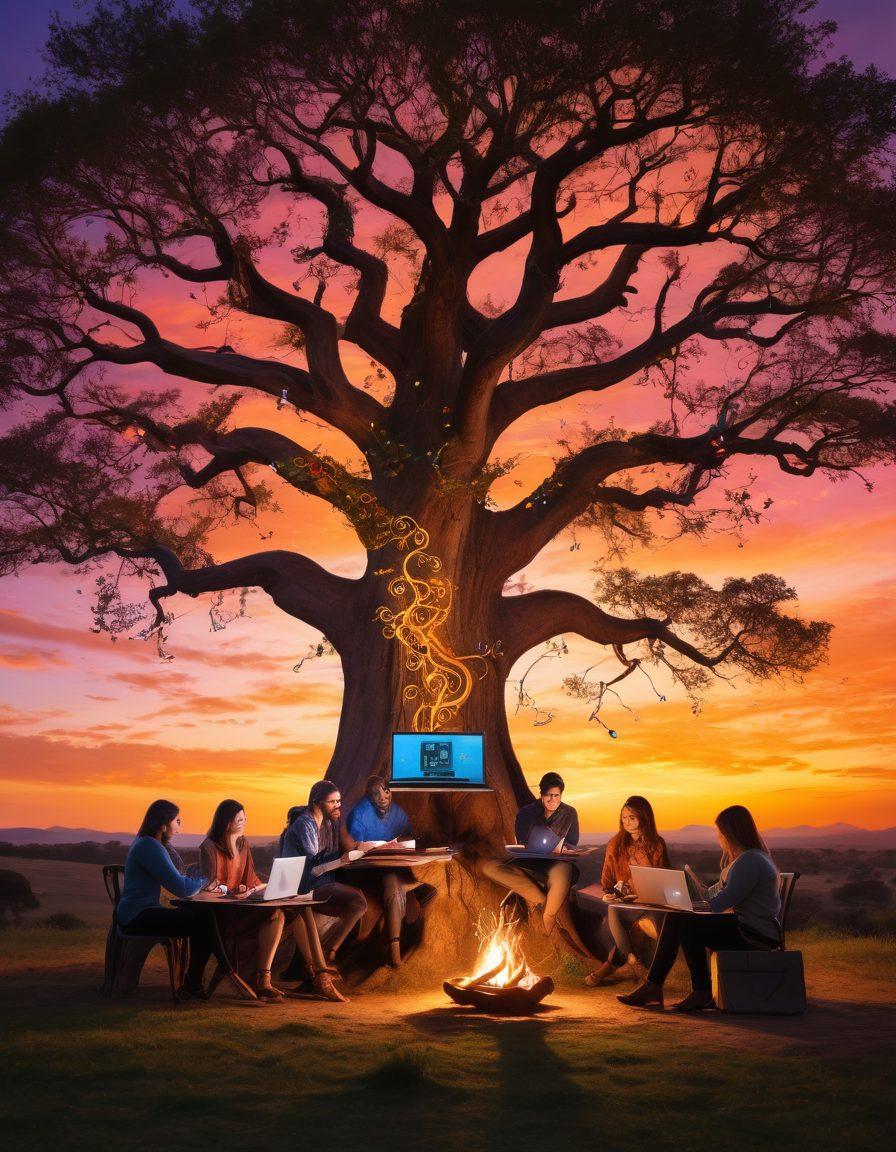 A whimsical scene of a diverse group of bloggers gathered around a large, ancient tree, each engaging in storytelling with colorful scrolls and laptops. The tree's branches are adorned with glowing ideas and symbols of creative content. In the background, a vibrant sunset casts a magical glow, symbolizing inspiration. The atmosphere is filled with energy and collaboration, with hints of nature interwoven with technology. vibrant colors. 3D.