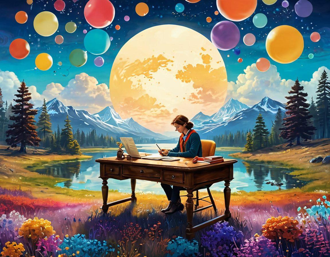 A whimsical writer sitting at a vintage desk surrounded by floating stories and ideas in colorful bubbles, each illustrating a different aspect of storytelling. The background features a serene landscape that symbolizes the journey of thoughts transforming into written words. Inspiration sources like books, quills, and digital devices blend seamlessly into the scene, bringing a modern twist to classic storytelling. Playful and inviting atmosphere to captivate aspiring writers. vibrant colors. painterly style.